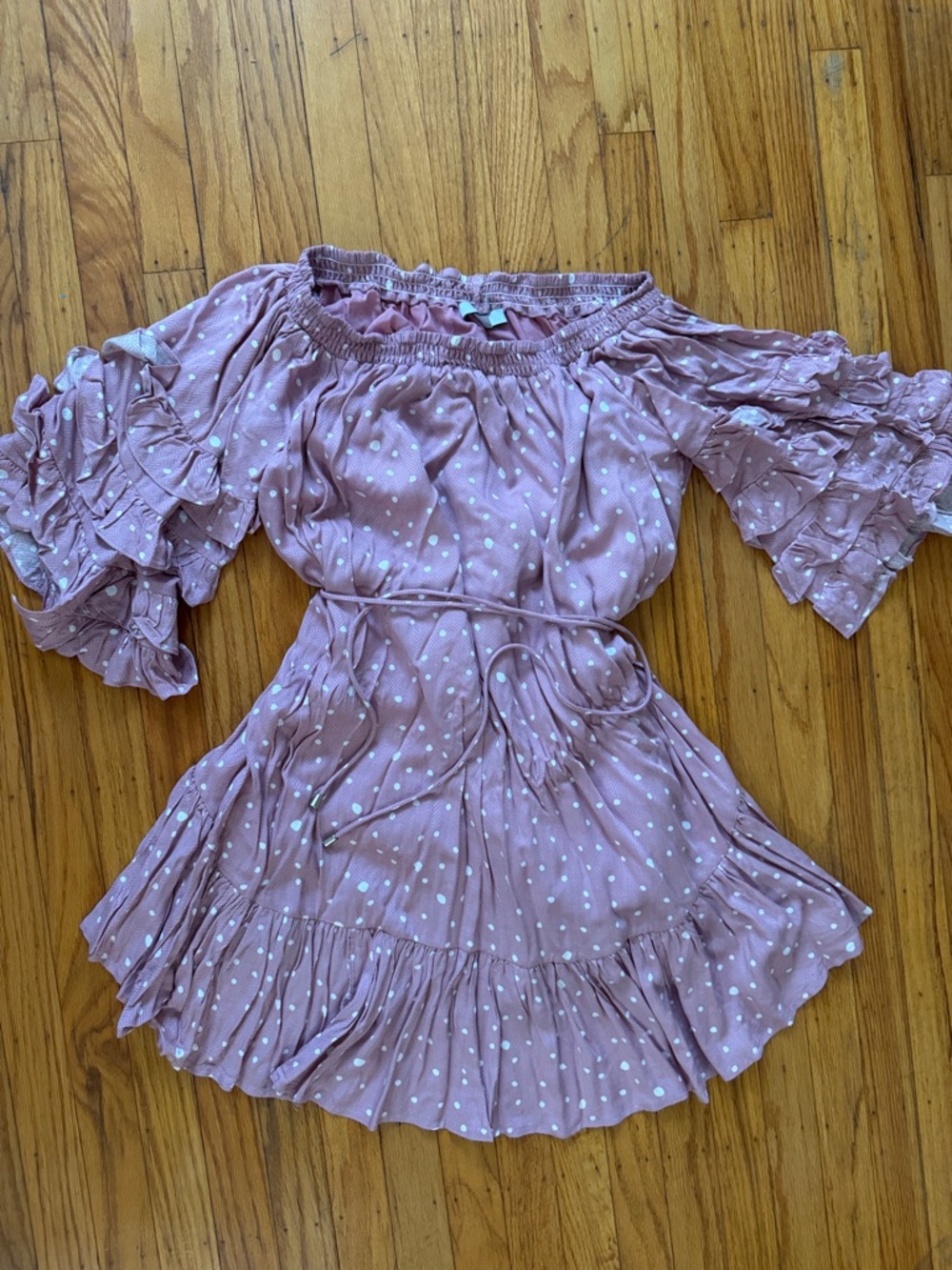 Fate Mauve Off-Shoulder Polka Dot Ruffle Mini Dress